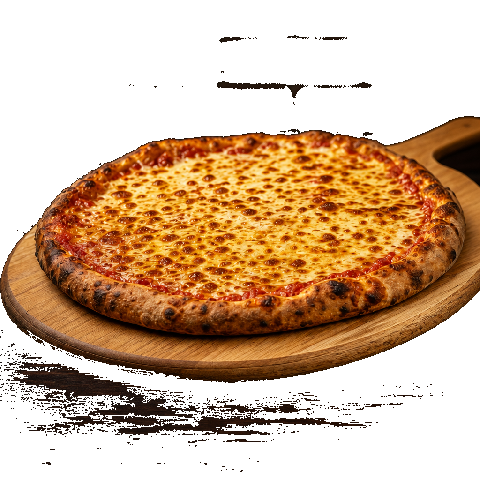 Cheese pizza on wooden board